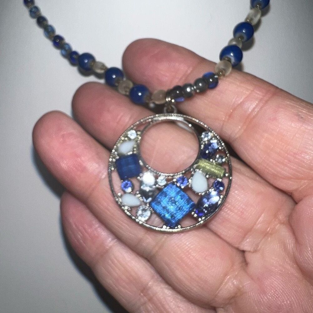 Vintage Boho Silver Tone and Blue and green Art Glass Necklace